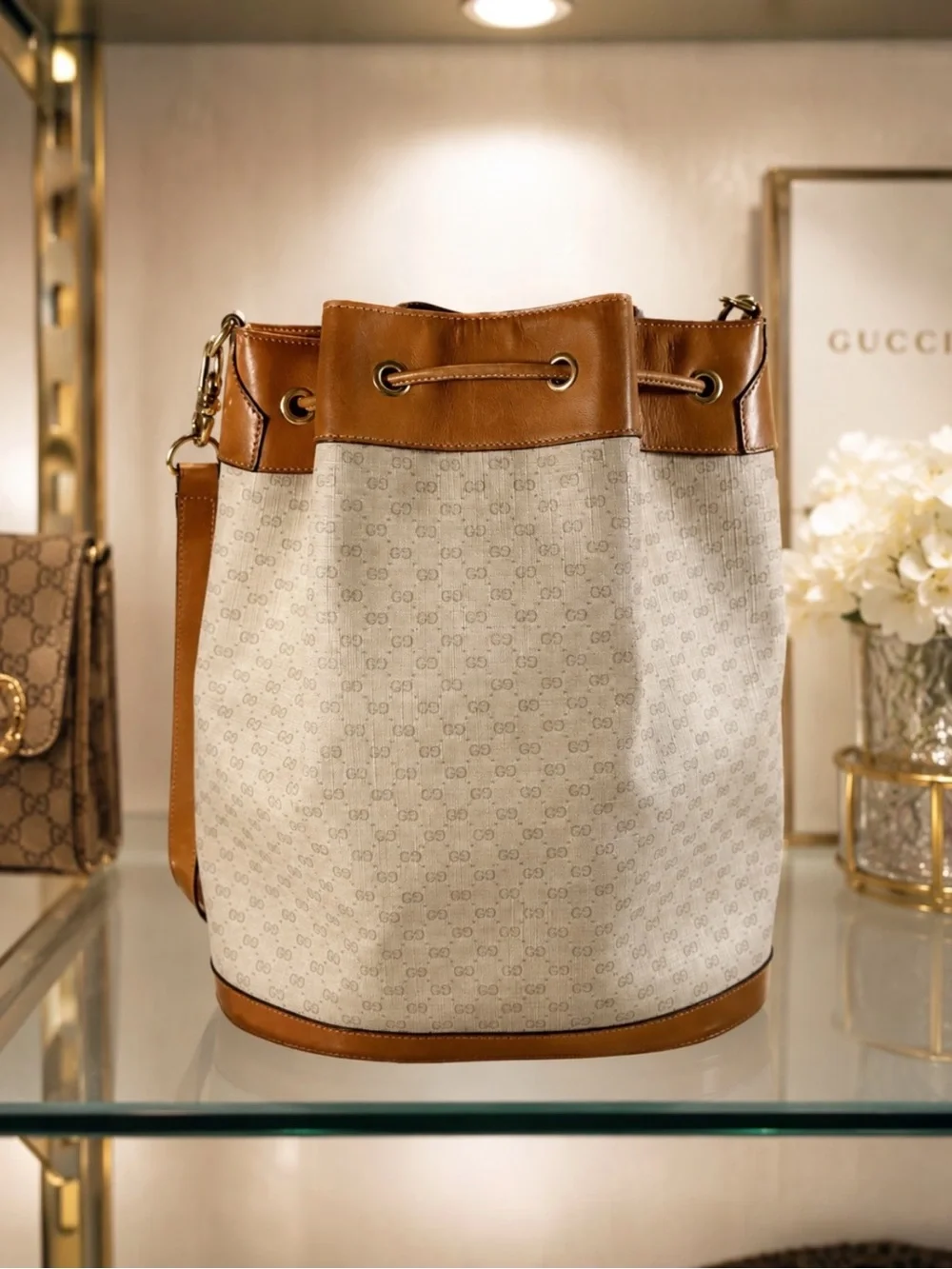 Gucci Cream and Tan Drawstring Bucket Bag